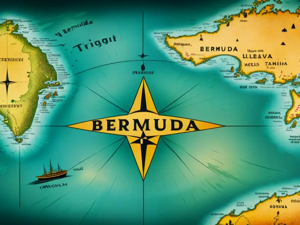 Misterioso mapa vintage del Triángulo de las Bermudas Detalle de un antiguo mapa del Triángulo de las Bermudas con misteriosos símbolos y rutas, envejecido y lleno de historia