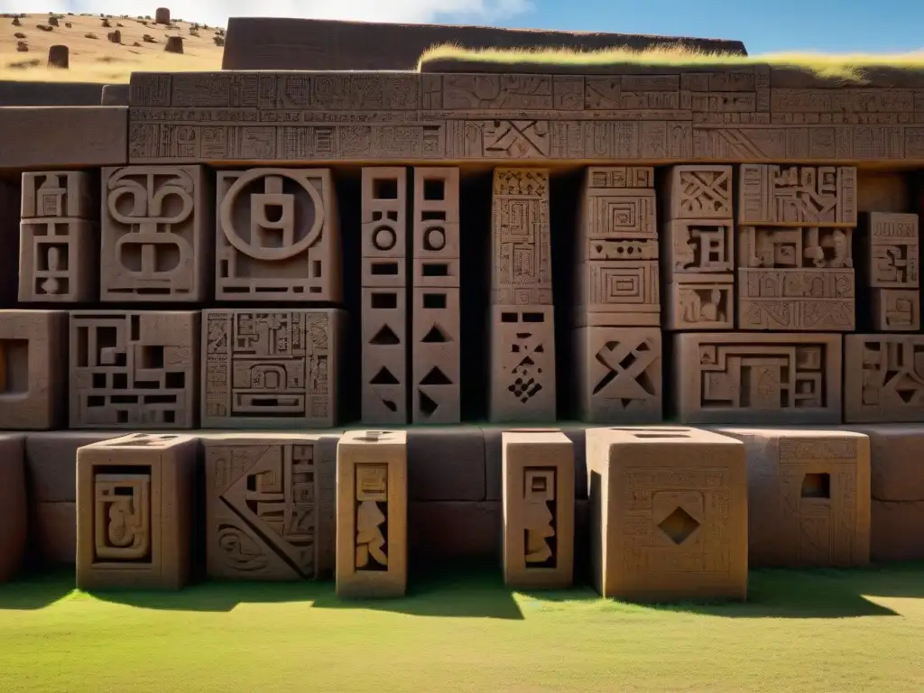 Detalle asombroso de los artefactos megalíticos en Puma Punku, mostrando cortes precisos e inexplicables símbolos