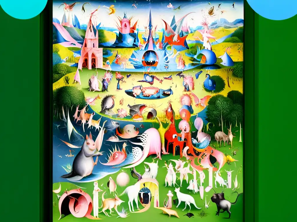Detalles fascinantes del Jardín de las Delicias de Bosch Detalle asombroso del Jardín de las Delicias de Bosch, revelando criaturas fantásticas y un mensaje oculto