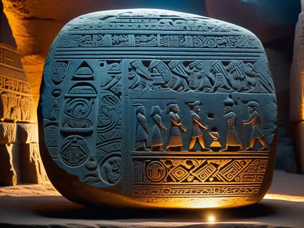 Detalle asombroso de tallados en piedra megalítica, iluminados misteriosamente