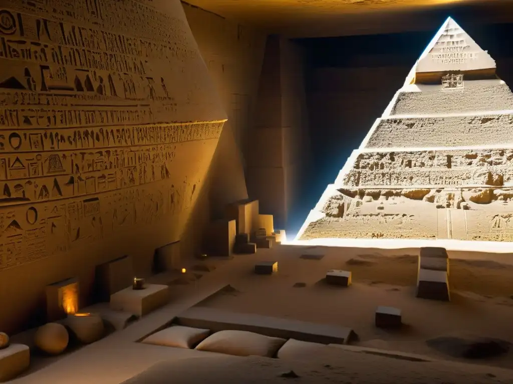 Enigmáticas cámaras interiores de la Gran Pirámide de Giza Detalle de las cámaras interiores de la Gran Pirámide de Giza, revelando la civilización avanzada pirámide Giza en hieroglíficos y artefactos antiguos bajo la tenue luz