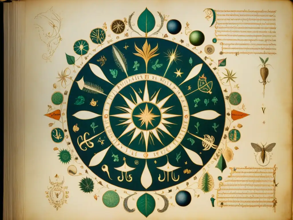 Manuscrito Voynich: Misteriosas ilustraciones en detalle Detalle enigmático de los símbolos del Manuscrito Voynich, iluminados por la edad y misterio