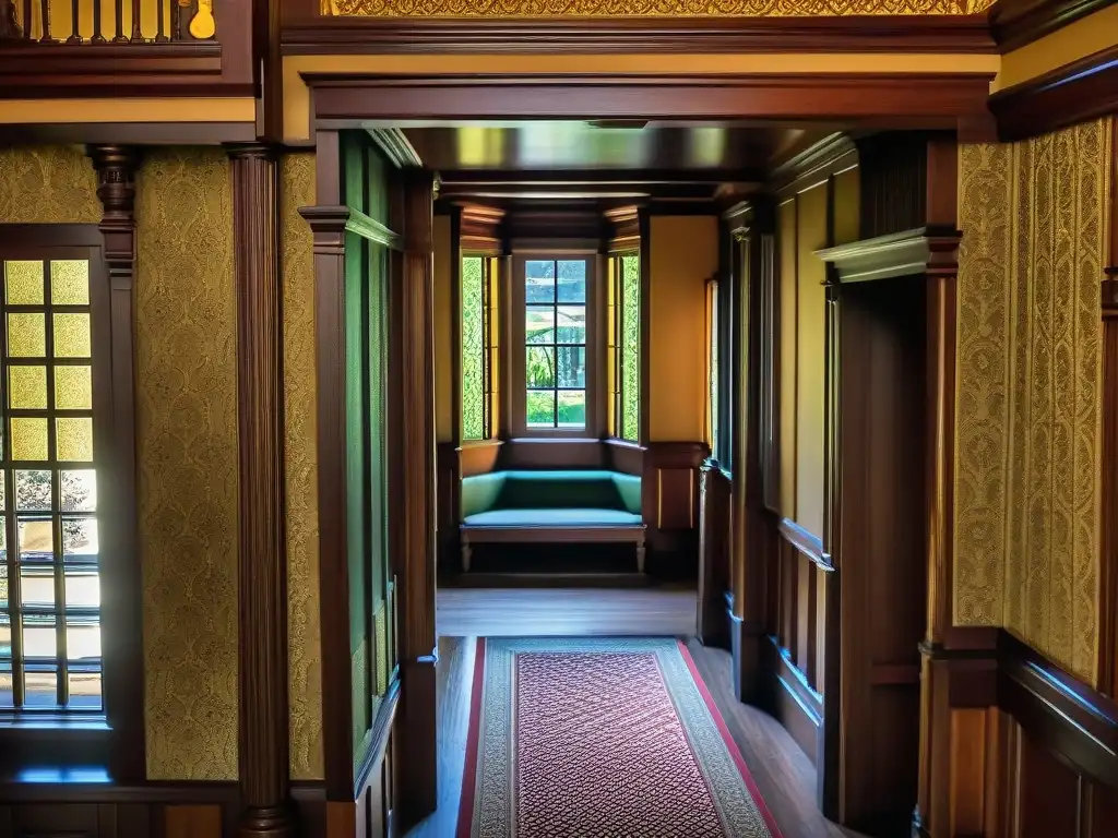 Explora la arquitectura misteriosa de la Casa Winchester en alta resolución Detalle espectral de la arquitectura misteriosa de la Mansión Winchester, con su atmósfera enigmática y laberínticos pasillos victorianos
