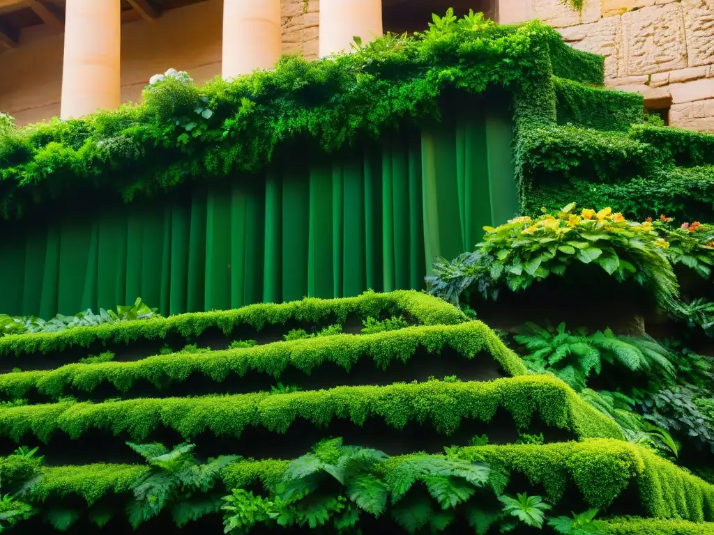 Jardines Colgantes de Babilonia: detalle exótico y misterioso Detalle exuberante de vegetación en terrazas antiguas, evocando los Secretos antiguos Babilonia jardines con su misteriosa belleza