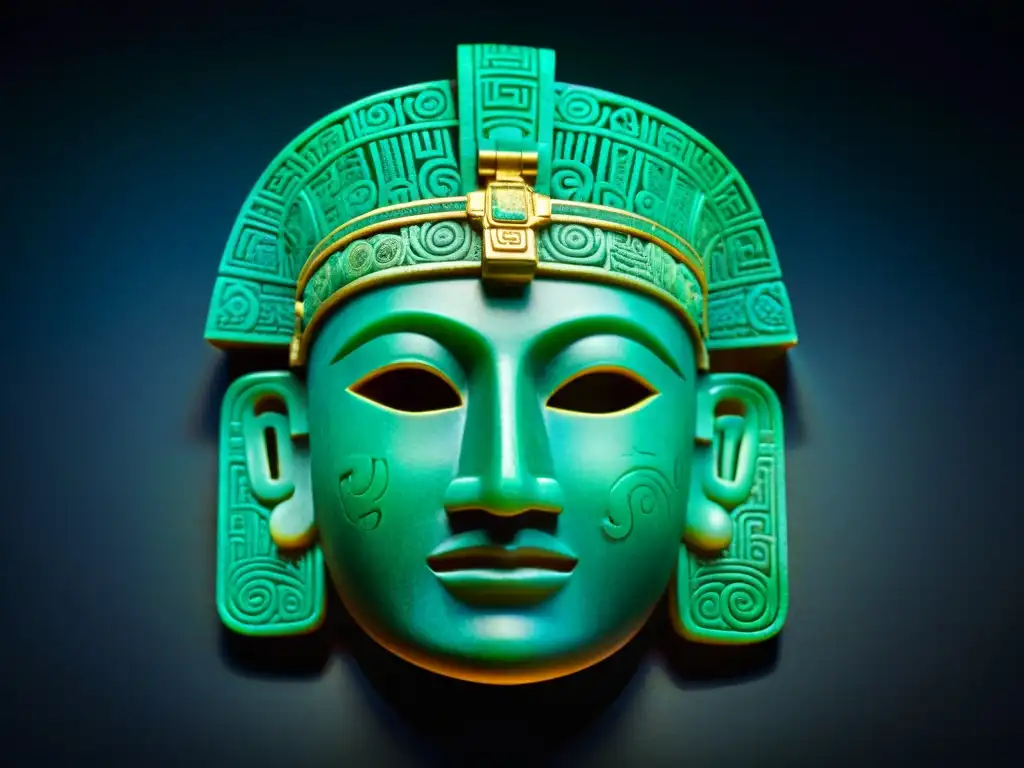 Máscara de jade maya: detalle ancestral revelado Detalle hipnótico de máscara maya de jade estudiada con cámara hiperespectral, revelando su historia y misterio