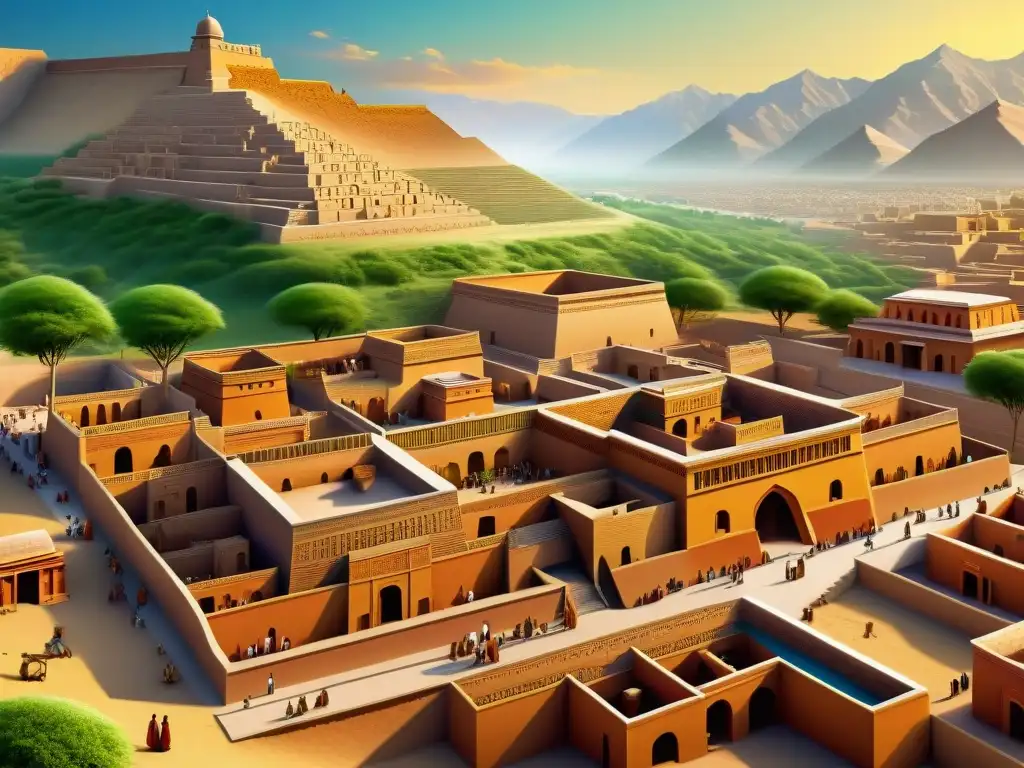 Vibrante civilización del Valle del Indo: ilustración detallada de la vida cotidiana en la antigua ciudad Detalle impresionante de la antigua civilización del Valle del Indo, con sus calles bulliciosas, casas intrincadas, comercio y agricultura, y una majestuosa ciudadela