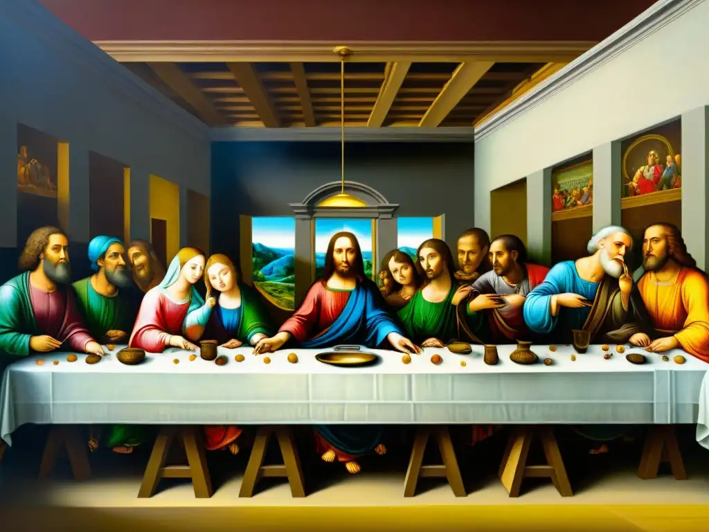 Detalle impresionante del mural de 'La Última Cena' de Leonardo da Vinci, revelando mensajes ocultos y misteriosa atmósfera