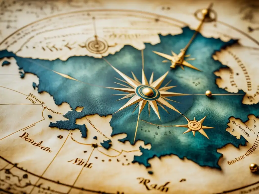 Detalle intrincado de un fragmento de mapa antiguo en pergamino, revelando misterios y conocimiento geográfico