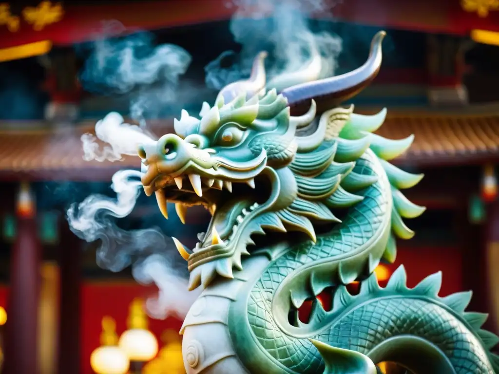 Estatua de dragón de jade: poder y sabiduría en China Imperial Detalle majestuoso de estatua de dragón de jade en templo chino, simbolizando la enigmática historia de La Camarilla en China Imperial