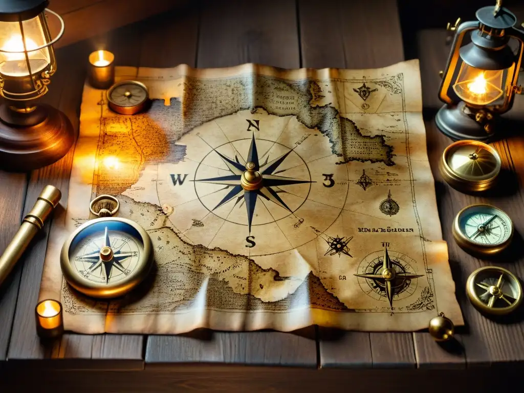 Mapa del tesoro antiguo: detalle enigmático y misterioso Detalle de un mapa del tesoro envejecido con símbolos misteriosos, iluminado por una linterna, rodeado de artefactos antiguos