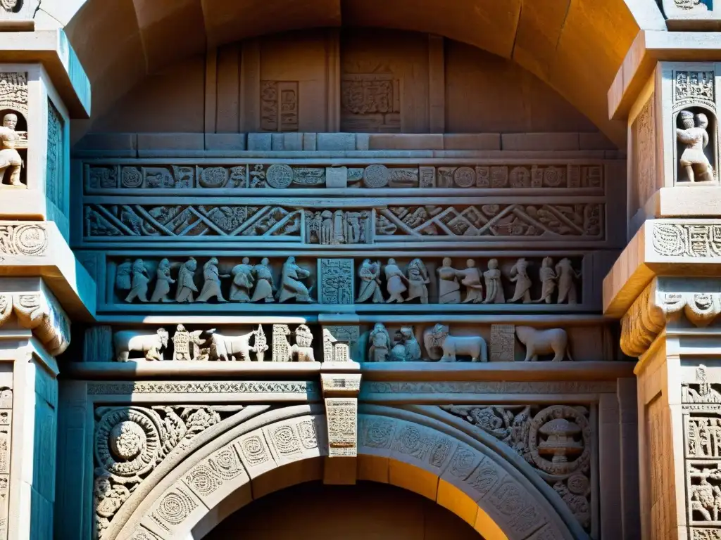 Detalles misteriosos en la Puerta de Hércules: arte ancestral Detalle misterioso de las intrincadas esculturas en La Puerta de Hércules, resaltando la artesanía y símbolos en la piedra antigua