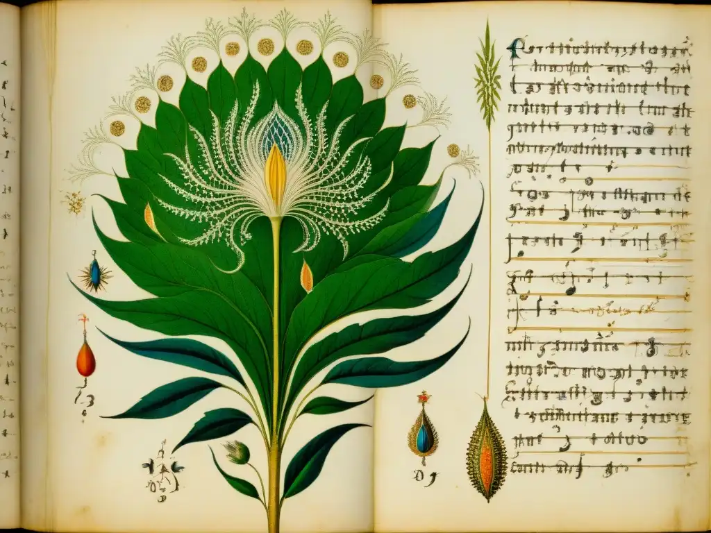 Ilustración botánica enigmática del Manuscrito Voynich Detalle misterioso de ilustración botánica del Manuscrito Voynich, con plantas exóticas y símbolos en pergamino enigmático