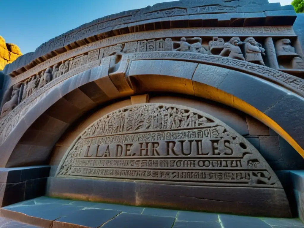 Detalle en piedra de La Puerta de Hércules: inscripciones ancestrales Detalle misterioso de La Puerta de Hércules: inscripciones antiguas y sombras en el arco de piedra