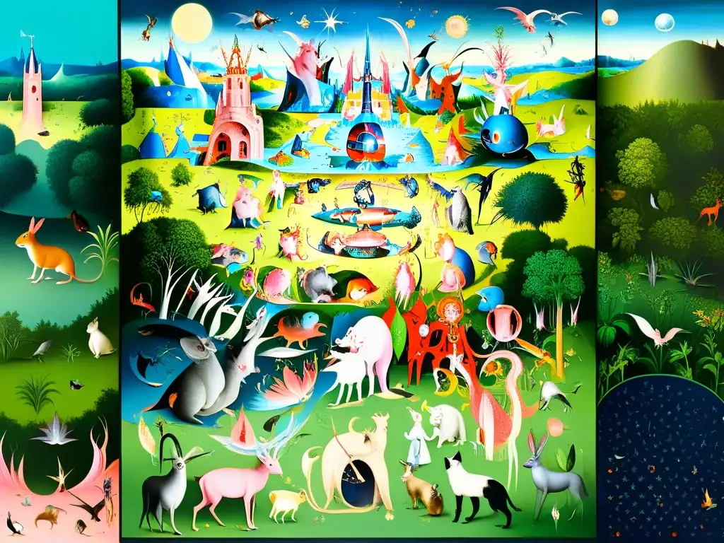 Detalle surrealista: Jardín del Edén en El Bosco Detalle ultradetallado del panel central del Jardín de las Delicias de Bosco, con criaturas extrañas y colores vibrantes