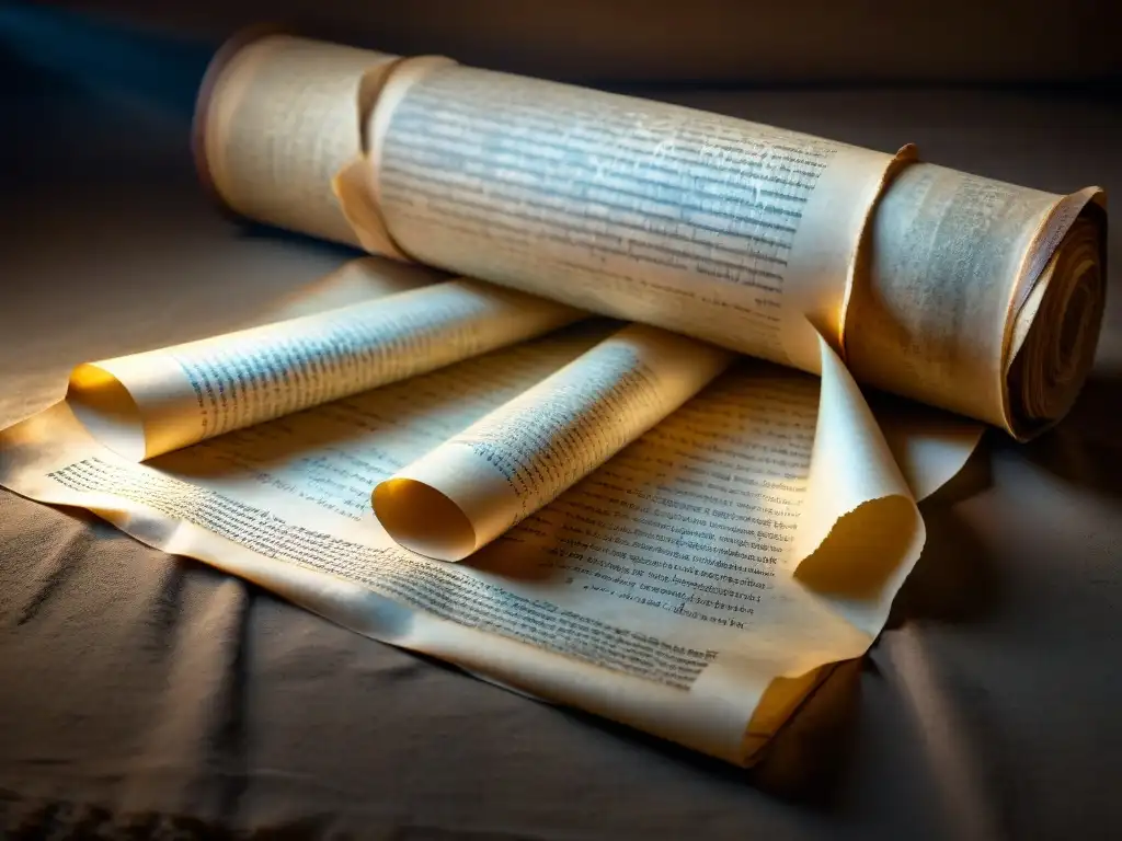 Misteriosos Rollos del Mar Muerto: Textos Antiguos en Pergamino Detalles de antiguos rollos iluminados en una misteriosa habitación, revelando textos hebreos y arameos en pergamino envejecido
