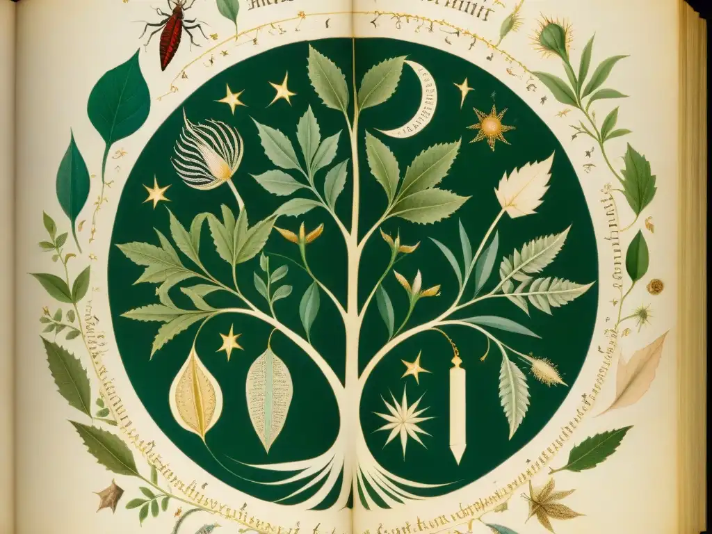 Detalle enigma: Manuscrito Voynich, plantas y símbolos misteriosos Detalles enigmáticos del Manuscrito Voynich, con ilustraciones intrincadas de plantas y diagramas celestes, invitando a descifrar sus misterios