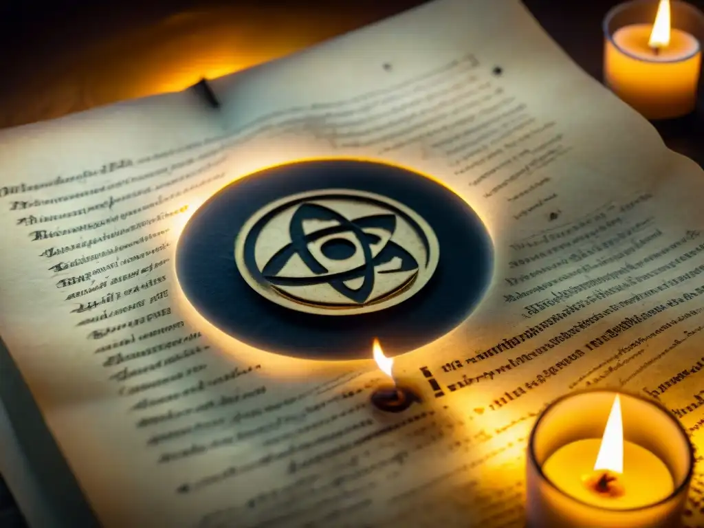Misterioso pergamino con símbolos: historia de pandemias Detalles intrigantes en pergamino amarillento con símbolos de teorías conspiración pandemias históricas, iluminado por vela tenue