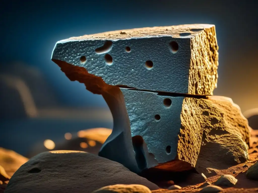 Misterioso Martillo de Kingoodie incrustado en roca ancestral Detalles intrincados del Artefacto imposible roca 400 millones, contrastando con la textura rugosa de la piedra, creando enigma y asombro