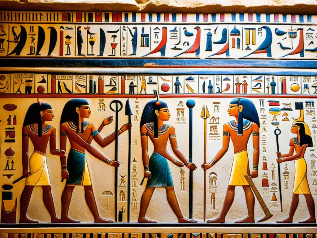 Detalles intrincados de jeroglíficos esculpidos en una tumba del Valle de los Reyes, destacando la precisión inexplicable de artefactos megalíticos