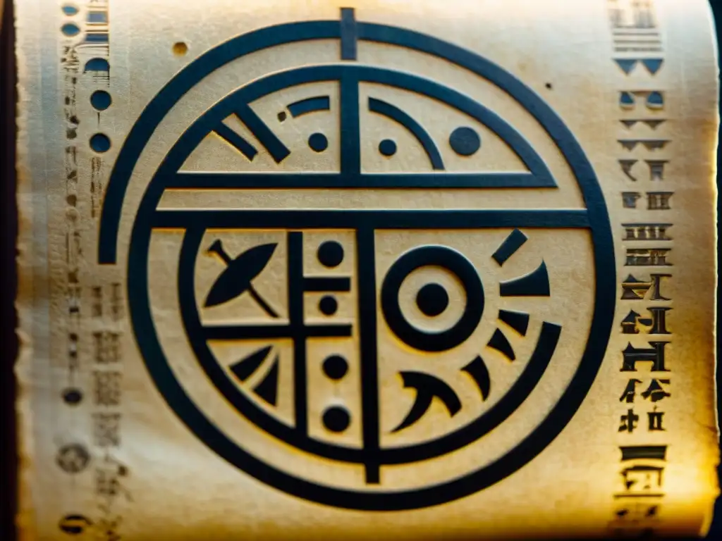 Codex antiguo: misteriosos símbolos en pergamino enigmático Detalles misteriosos de un antiguo códice iluminado por una tenue luz