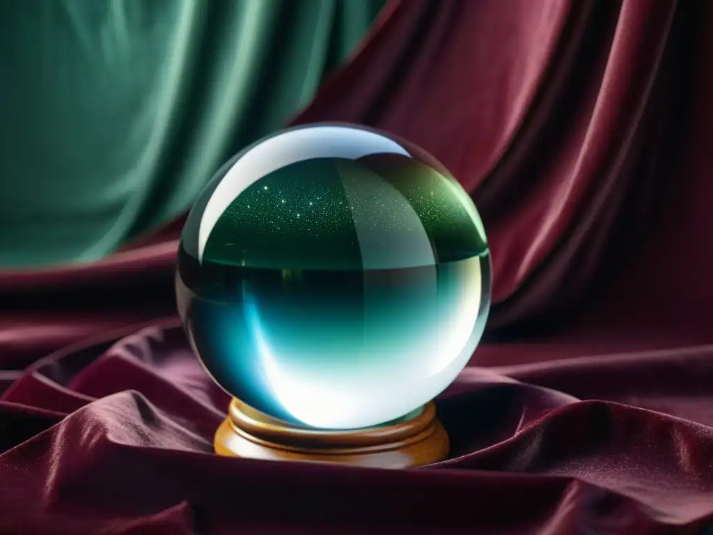 Hechizo cristalino: detallada bola de cristal sobre terciopelo Detalles místicos de una bola de cristal en terciopelo, iluminada suavemente