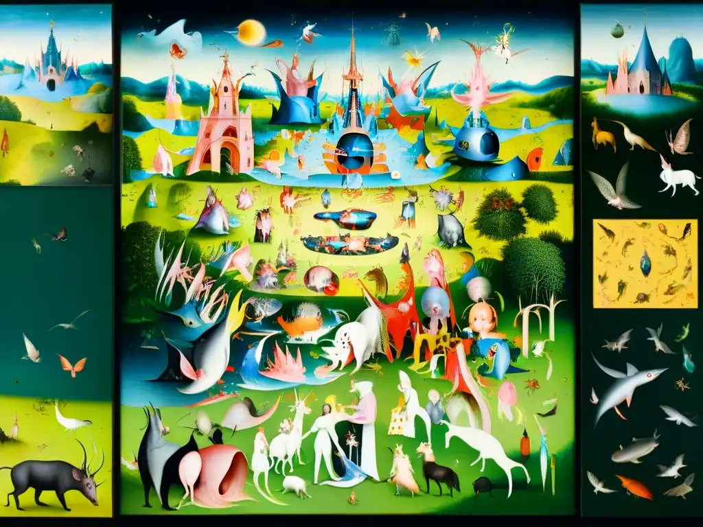 Detalle en 8k: El Jardín de las Delicias de Bosch Detalles ocultos en el Jardín Delicias Bosco: paisaje surrealista con símbolos en vibrantes colores