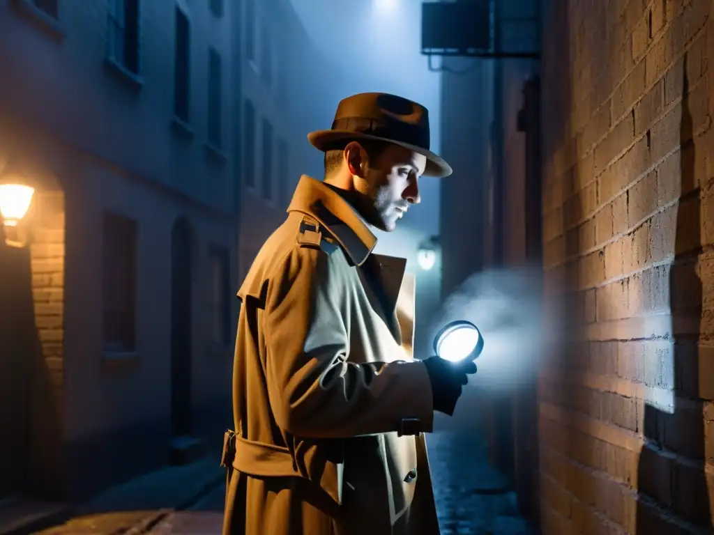 Detective misterioso en callejón oscuro con dispositivo de seguridad Un detective misterioso en un callejón oscuro, con dispositivo de seguridad y lupa