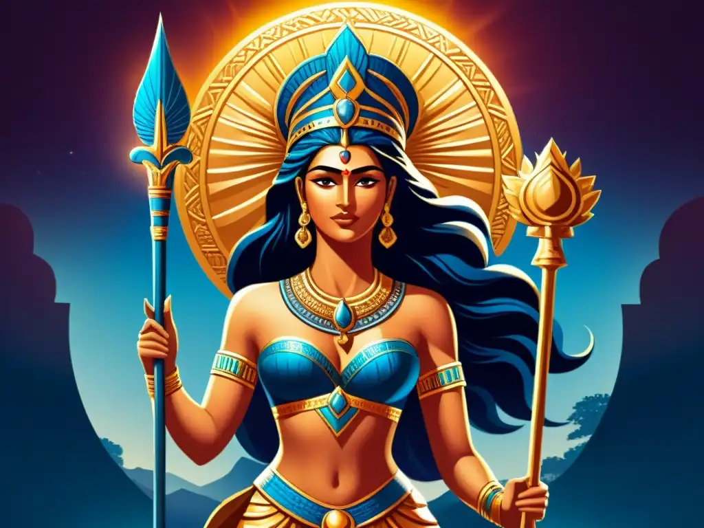 Diosa Inanna: Poder y Compasión en Mesopotamia Diosa sumeria Inanna misteriosa con corona radiante y báculo majestuoso en paisaje mesopotámico estrellado