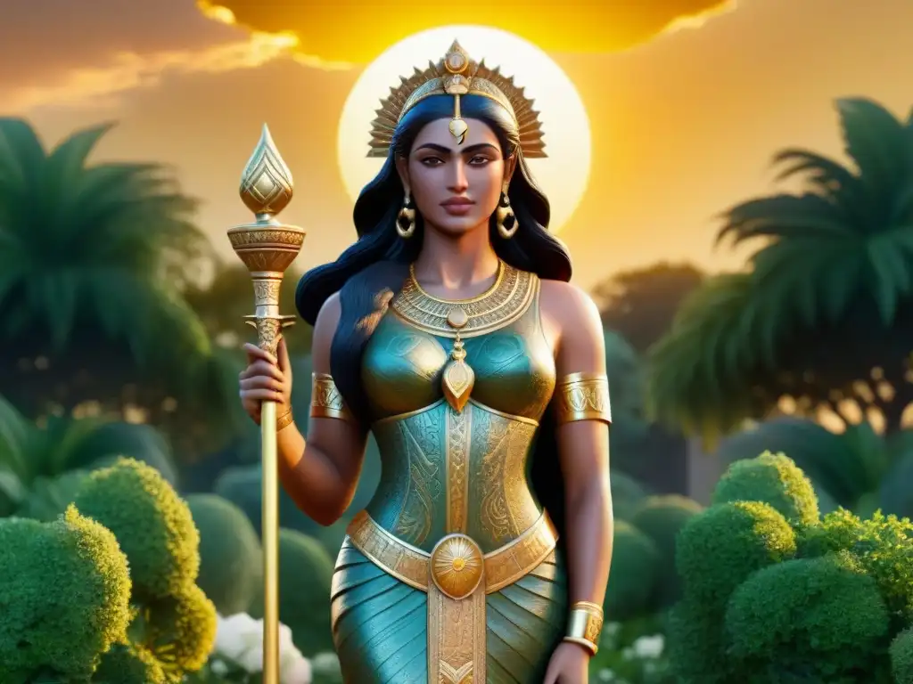 Diosa Inanna: Majestuosidad en el jardín La Diosa sumeria Inanna misteriosa destaca en un exuberante jardín con un cetro dorado y un templo épico al fondo, bajo la cálida luz del atardecer