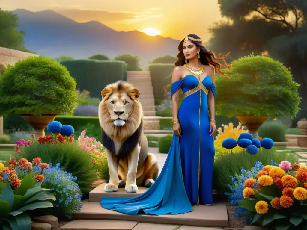 Inanna, diosa sumeria, en jardín místico con león Diosa sumeria Inanna misteriosa en jardín exuberante con león majestuoso al lado, joyas y vestido azul real, bajo sol poniente
