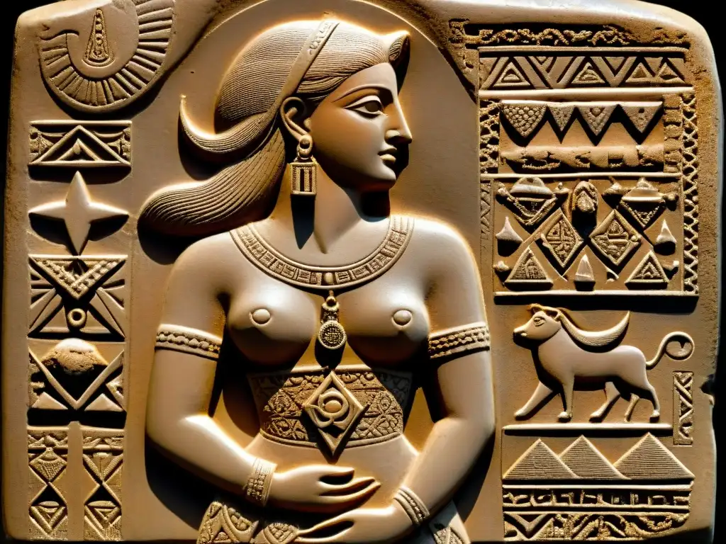 Tableta de arcilla de la Diosa Inanna: símbolo estelar y misterio Una diosa sumeria Inanna misteriosa tallada en tableta de arcilla antigua