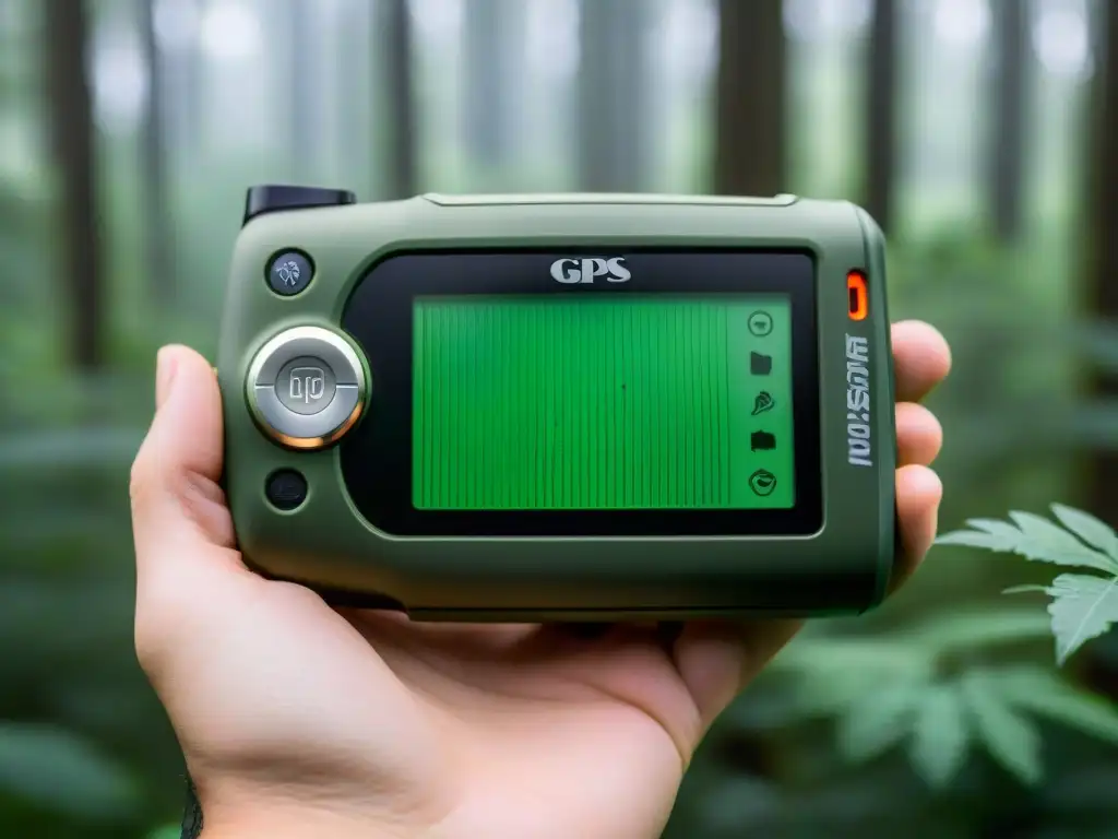 Explorador de misterios: GPS compacto en el bosque Un dispositivo de seguridad para investigadores misteriosos, en un bosque enigmático