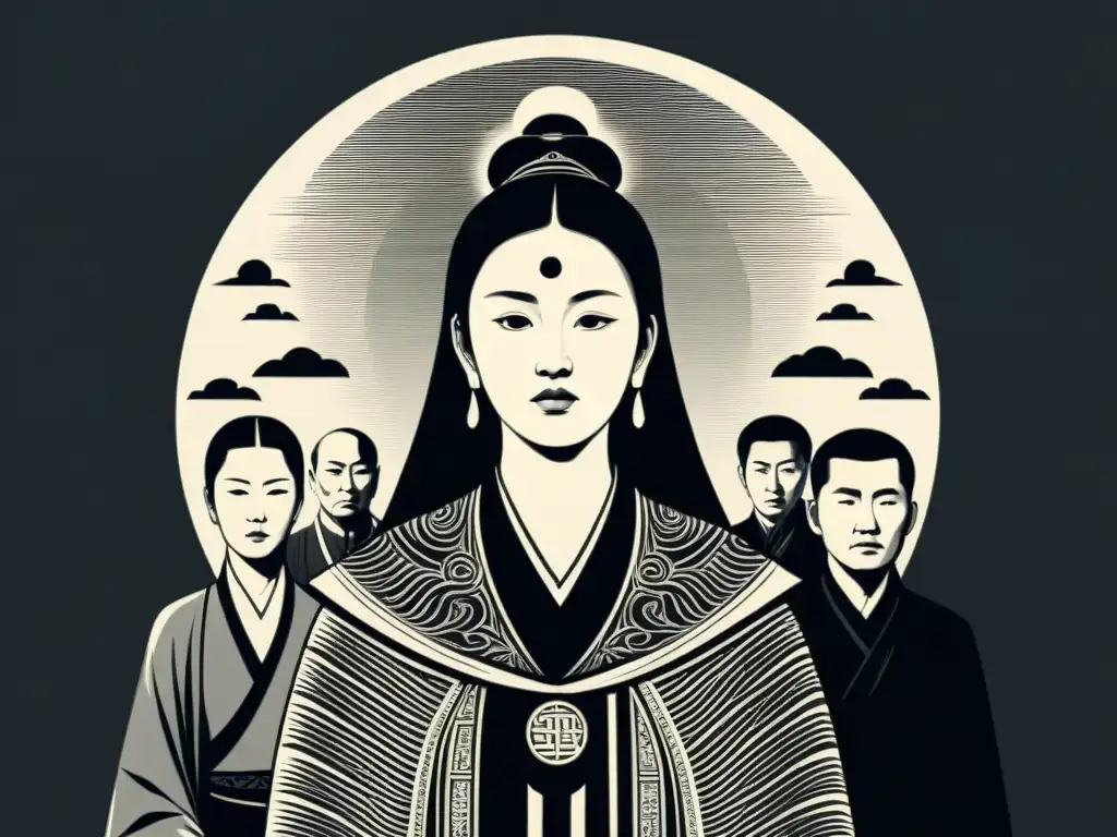 Consorte Wang y su círculo secreto en la Dinastía Han Ilustración documental en blanco y negro de la Consorte Wang rodeada por La Camarilla en la China Imperial