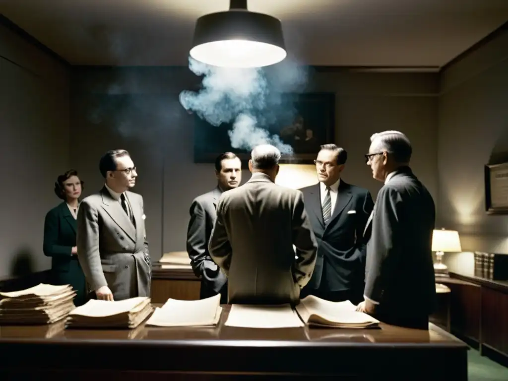Reunión secreta de funcionarios en los años 50: investigación OVNI Documentos oficiales ovnis desclasificados: Funcionarios en sala oscura y humeante, discuten en secreto sobre objeto en foto borrosa de los 50s