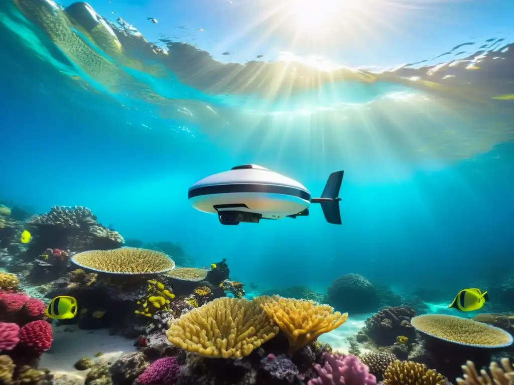 Un dron acuático de alta tecnología explorando un arrecife de coral vibrante