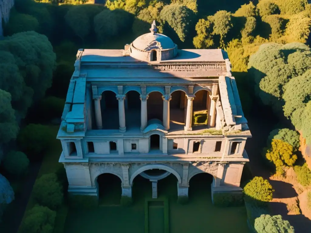 Misterio ancestral: drone detecta presencias espectrales en ruinas antiguas Un dron de alta tecnología detecta fantasmas en ruinas antiguas al atardecer, entre sombras y estructuras colapsadas