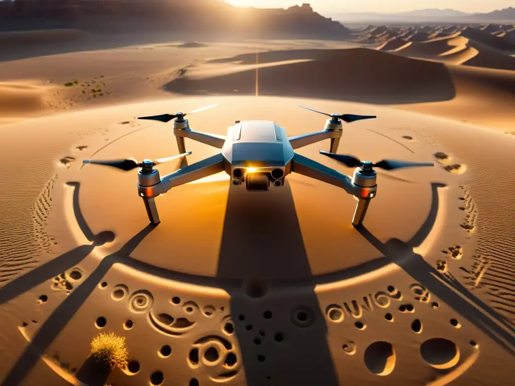Un drone en un paisaje desértico captura misteriosas geoglifos y patrones, revelando antiguas estructuras subterráneas