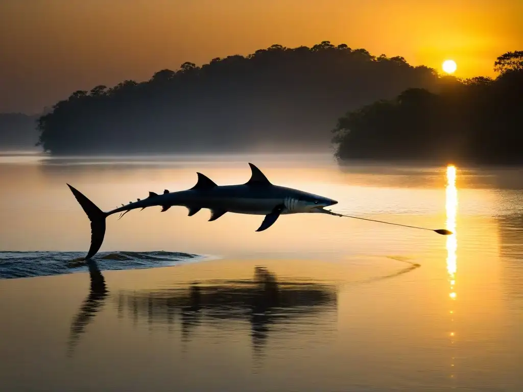 Majestuoso pez chino remando en río neblinoso al amanecer La elegancia del Pez Espátula Chino en un misterioso río al amanecer