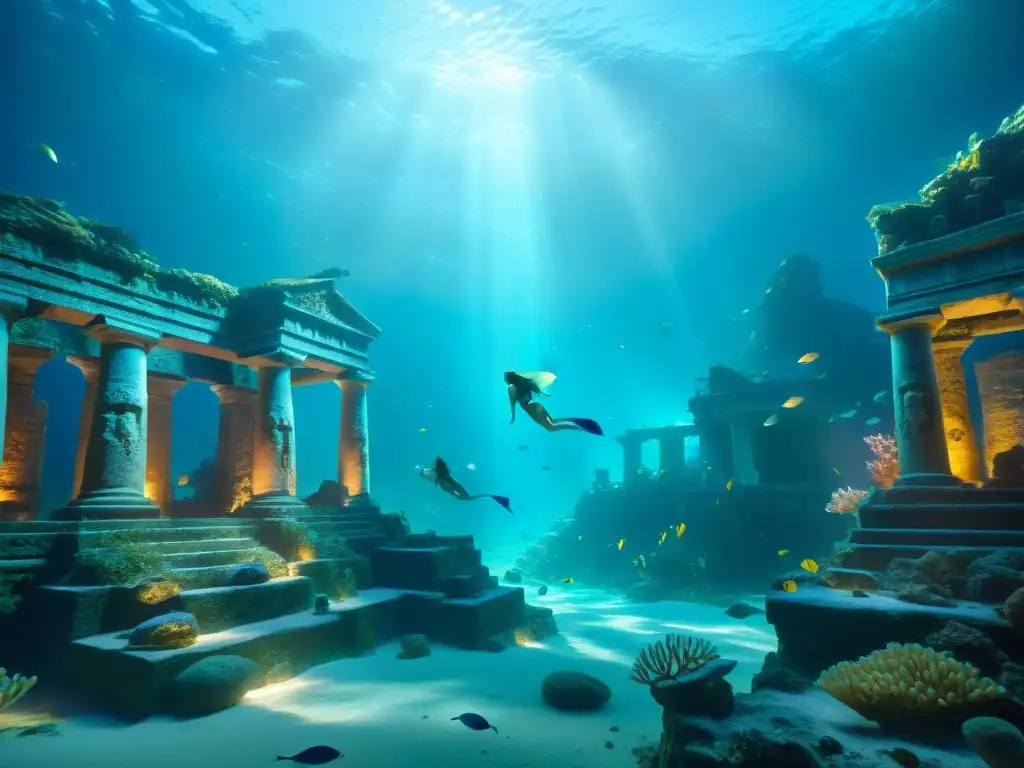 Sirenas en Ruinas: Eterno Encanto Submarino Elegantes sirenas nadan en ciudad sumergida, rodeadas de peces y corales