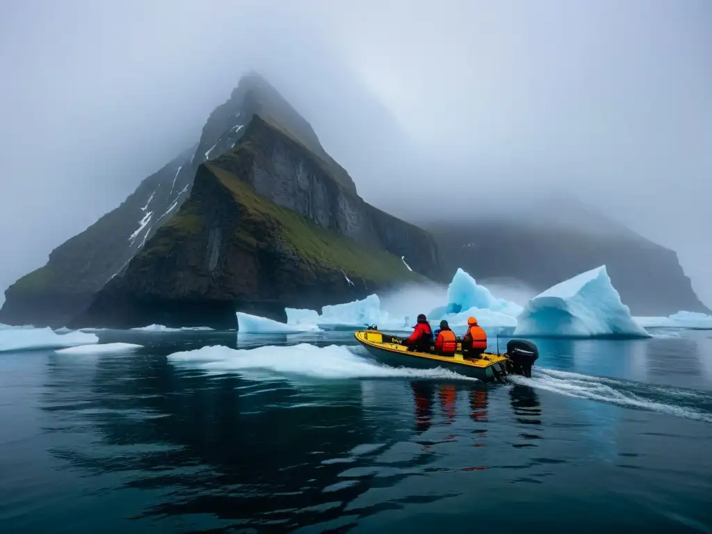 Expedición en Point Nemo: Navegando entre brumas y icebergs Embarcación de expedición en niebla espesa y peligrosa en el Misterioso Punto Nemo