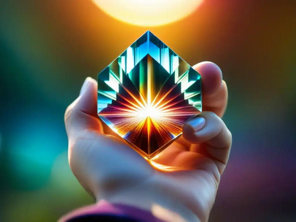 Esencia mística: mano sostiene brillante cristal iridiscente La energía de los cristales se fusiona con la piel en un mágico close-up