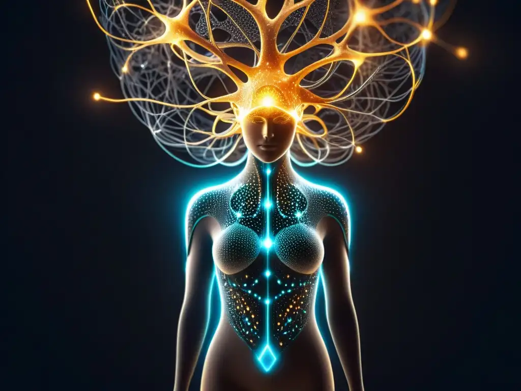 Sinapsis luminosas: unión de biología y AI Un enigma de inteligencia artificial: red de neuronas brillantes conectadas con circuitos digitales en un fondo oscuro