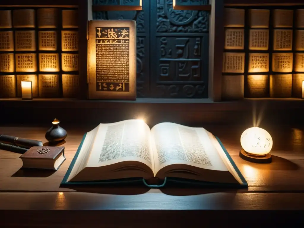 Misterios ancestrales: El Libro del Código y las antiguas reliquias Descubre enigmas antiguos codificados revelados en una sala llena de artefactos y símbolos misteriosos