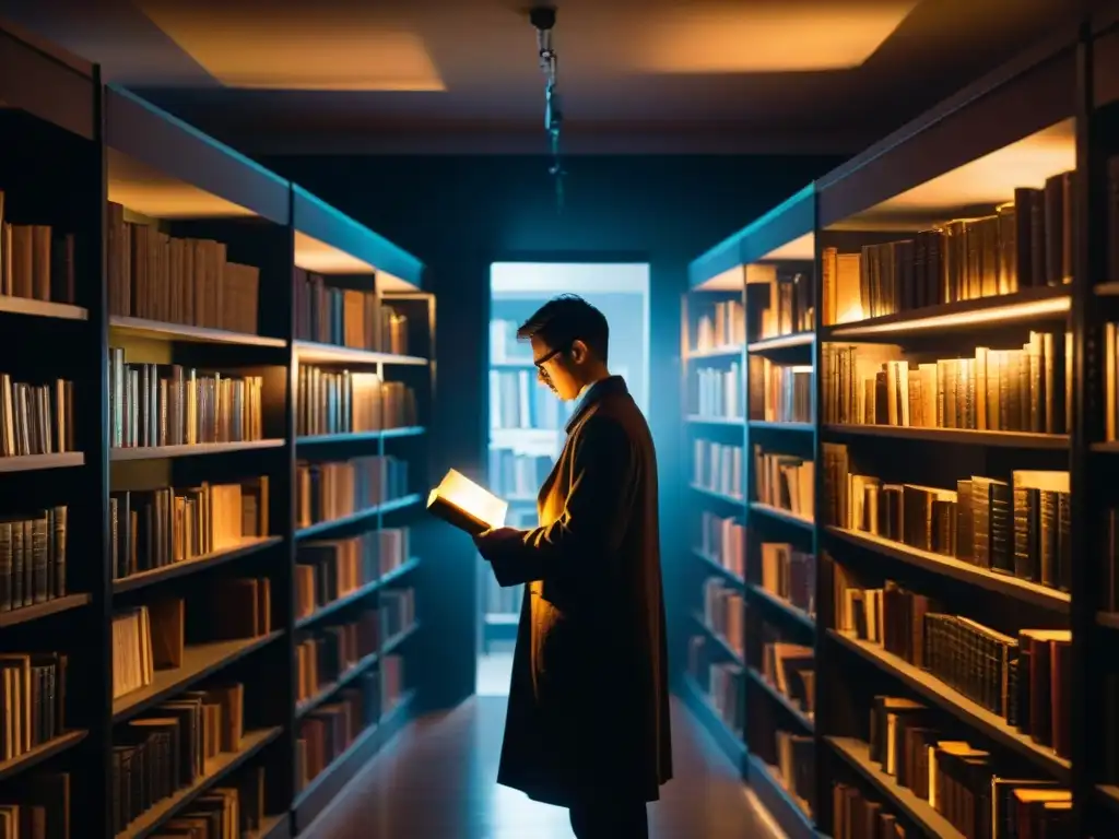 Librería misteriosa: secretos ocultos en antiguos tomos Enigmática biblioteca iluminada con antiguos tomos sobre misterios paranormales, sectas y cultos, donde una figura misteriosa busca entre los libros