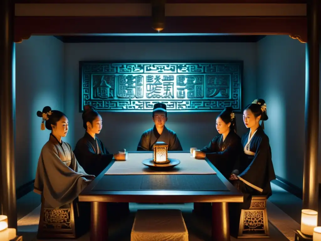 El misterioso poder de la Camarilla en la antigua China Enigmática escena en China Imperial: La Camarilla en una sala oscura llena de pergaminos y artefactos antiguos, iluminada por una vela titilante