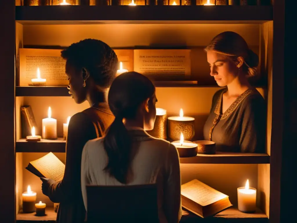 Rituales de sabiduría en penumbra: misterios de Pontmain Enigmática lectura en penumbra: personas leyendo libros antiguos iluminados por velas
