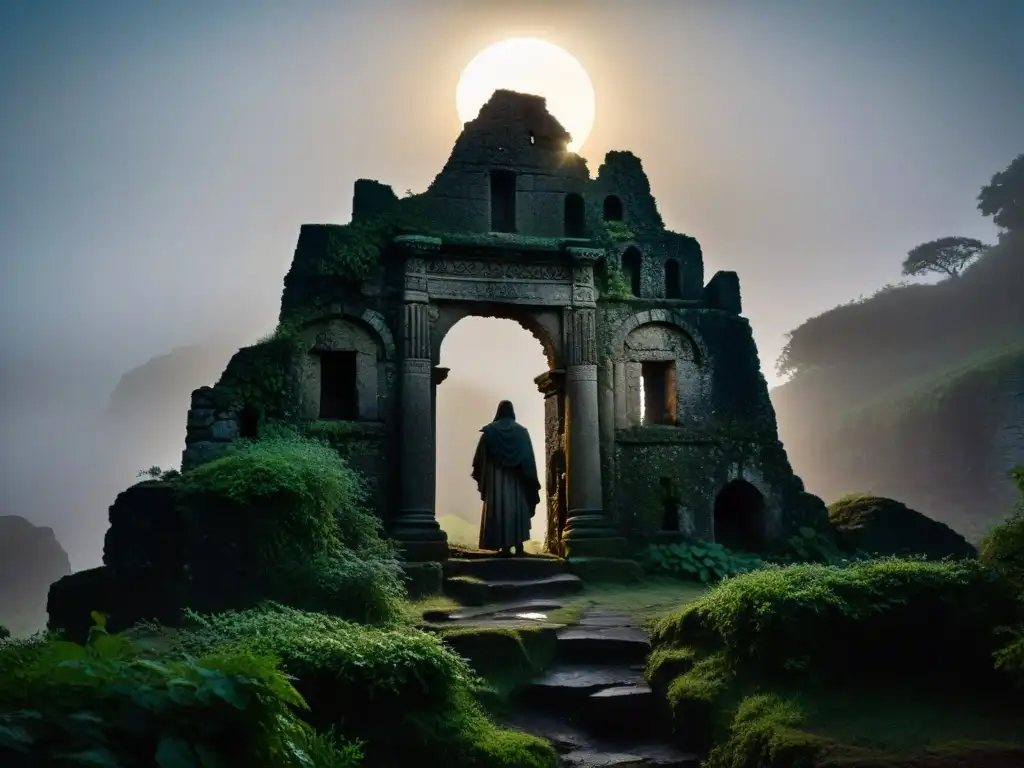 Misterio ancestral: figura fusionándose con la oscuridad en ruinas antiguas Enigmática ruina antigua envuelta en niebla, con sombras por la luz de la luna
