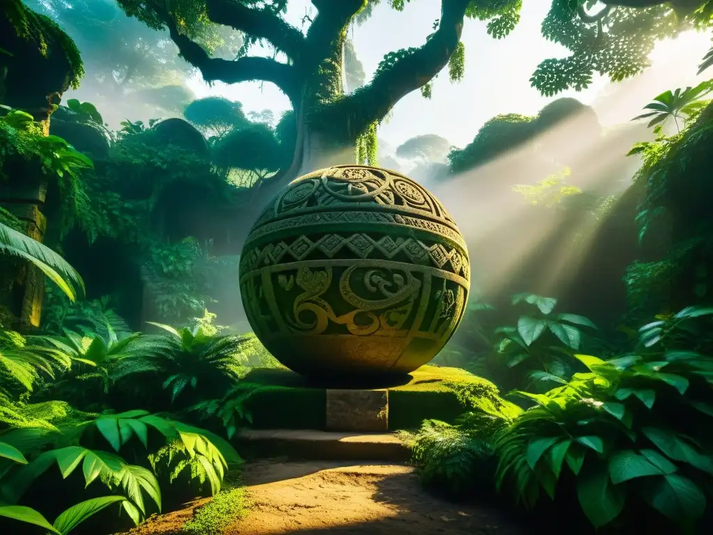 Misteriosa esfera de piedra en la selva Un enigmático bosque con esfera de piedra gigante y símbolos misteriosos, entre la neblina y la luz del sol filtrándose