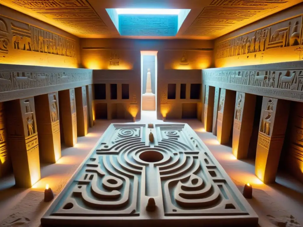 Laberinto de Hawara: Misterios y maravillas egipcias Explora el enigmático Laberinto de Hawara, con sus pasadizos de piedra, jeroglíficos y reliquias antiguas bajo una mística luz solar