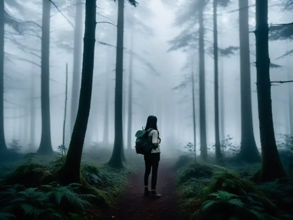 Silueta misteriosa en bosque neblinoso al atardecer Enigmático bosque neblinoso al anochecer con silueta de mujer y mochila, evocando desaparición misteriosa Maura Murray